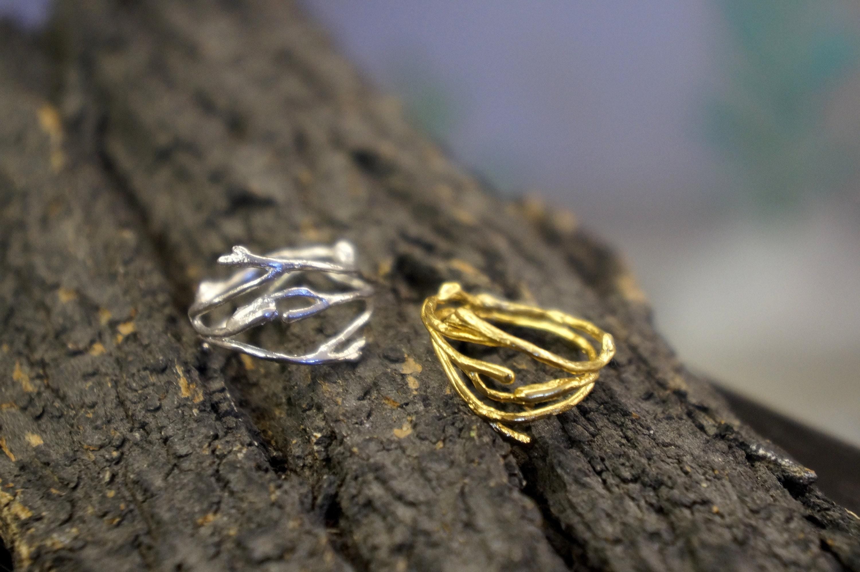 Real Jasmine Twig Gold Ring, Handmade Nature Jewelry, Organic Branch Band, Gift for Beauty & Purity, Eco Sustainable Sterling Silver 925