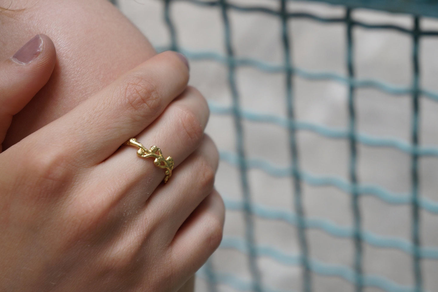 Gold Acacia Ring, Gold-Plated Sterling Silver Jewelry, Acacia Leaf Band, Gift for Her, Birthday Gift for Women, Handmade Jewelry