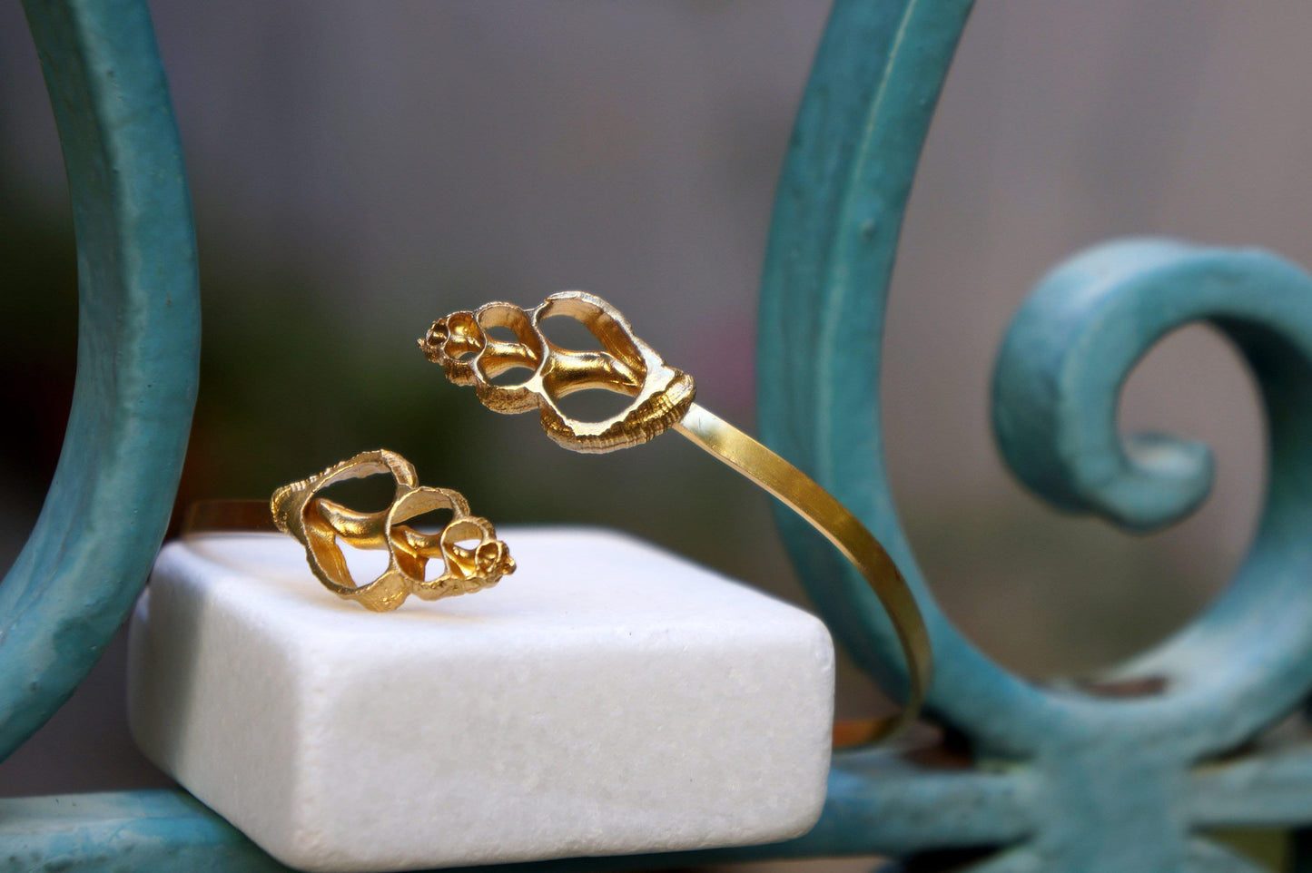 Real Sea Shell Gold Cuff Bracelet, Handmade Nature Jewelry, Organic Forest Cuff, Gift for Longevity & Evolution, 14K Gold Plated Sterling Silver 925