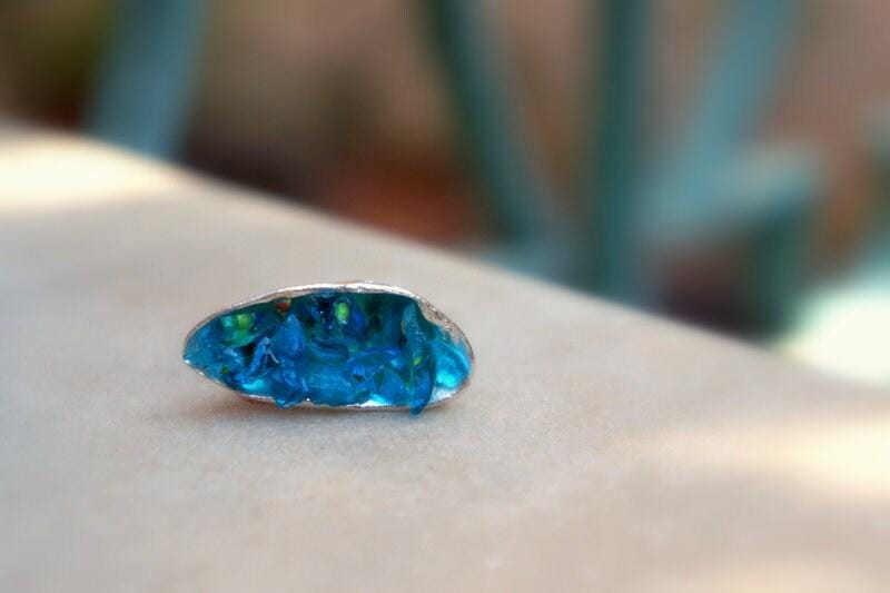 Real Mussel Shell Silver Ring with Blue Murano Glass, Handmade Nature Jewelry, Organic Nature Band, Gift for Wisdom & Balance, Gold or Sterling Silver 925