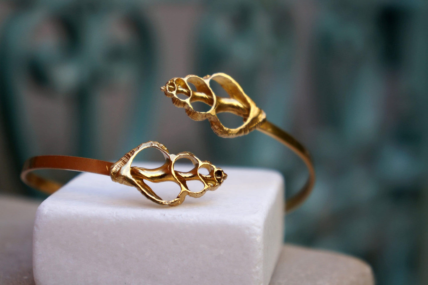 Real Sea Shell Gold Cuff Bracelet, Handmade Nature Jewelry, Organic Forest Cuff, Gift for Longevity & Evolution, 14K Gold Plated Sterling Silver 925