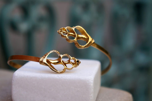 Real Sea Shell Gold Cuff Bracelet, Handmade Nature Jewelry, Organic Forest Cuff, Gift for Longevity & Evolution, 14K Gold Plated Sterling Silver 925