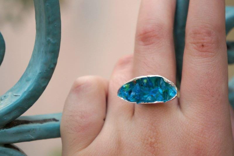 Real Mussel Shell Silver Ring with Blue Murano Glass, Handmade Nature Jewelry, Organic Nature Band, Gift for Wisdom & Balance, Gold or Sterling Silver 925