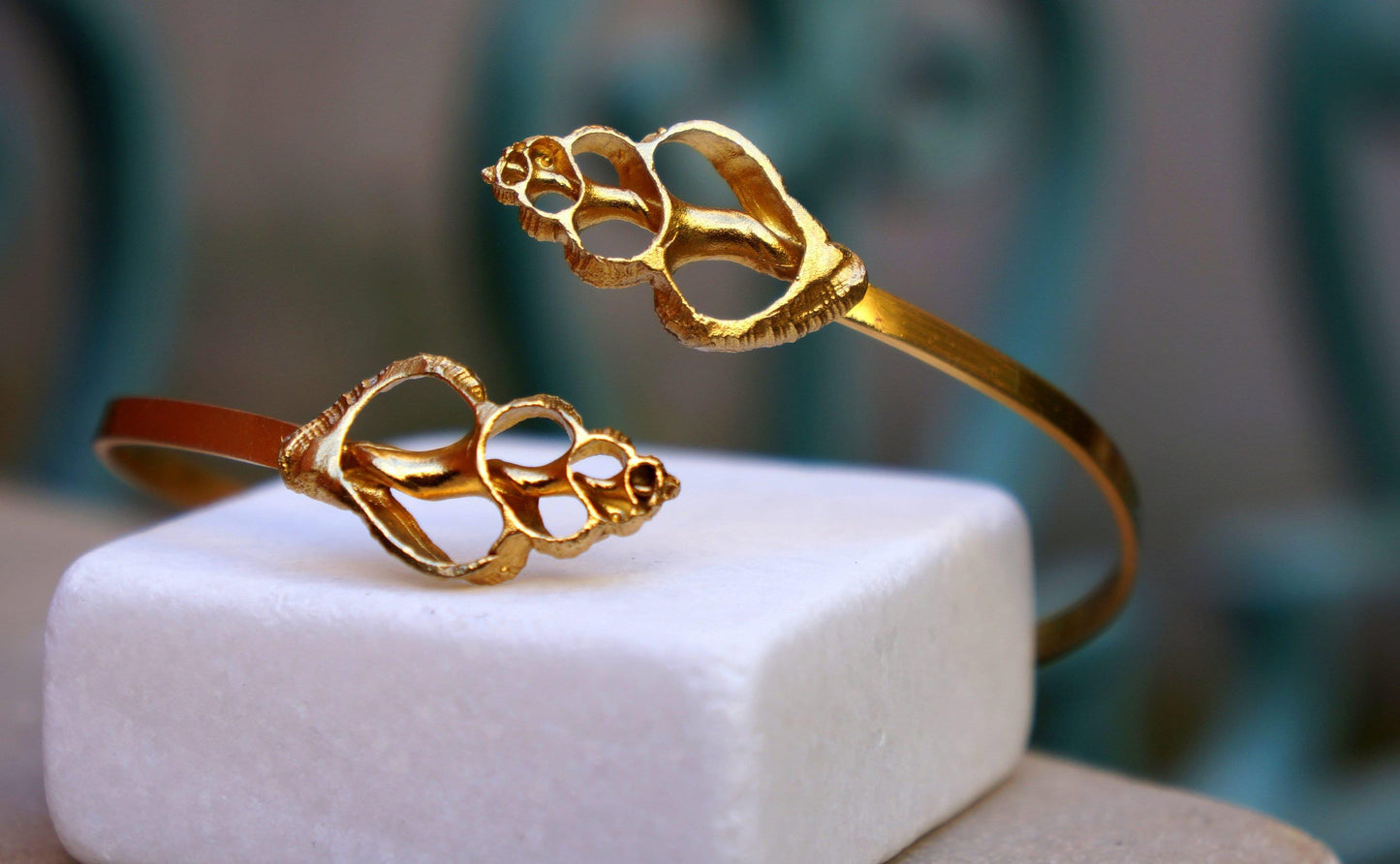 Real Sea Shell Gold Cuff Bracelet, Handmade Nature Jewelry, Organic Forest Cuff, Gift for Longevity & Evolution, 14K Gold Plated Sterling Silver 925