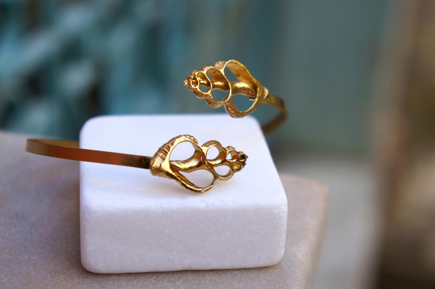 Real Sea Shell Gold Cuff Bracelet, Handmade Nature Jewelry, Organic Forest Cuff, Gift for Longevity & Evolution, 14K Gold Plated Sterling Silver 925