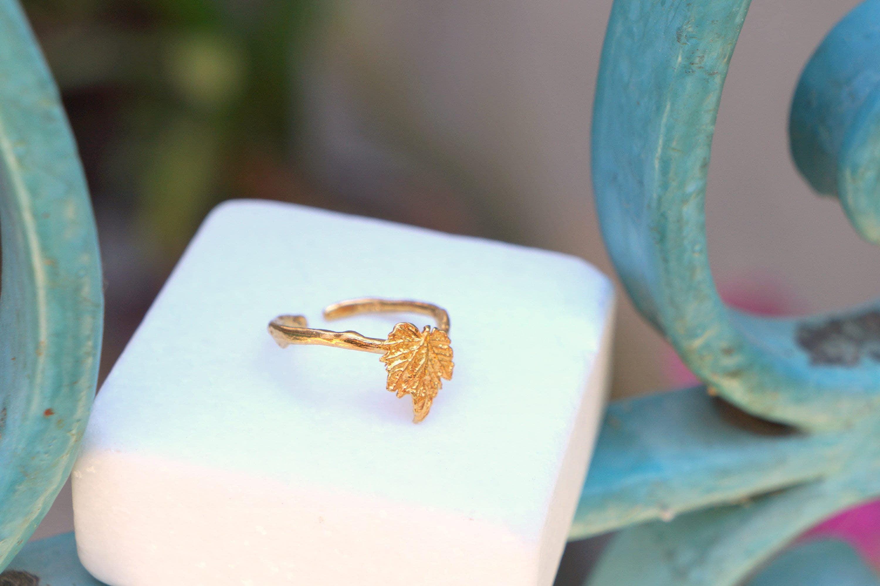 Handmade Vine Leaf Ring - Solid Gold Adjustable Statement Jewelry
