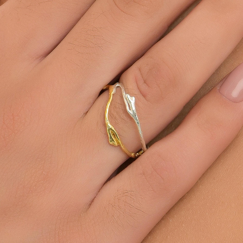 Real Jasmine Branch Ring, Handmade Minimalist Jewelry, Organic Forest Band, Gift for Purity & Health, Two-Tone Sterling Silver 925