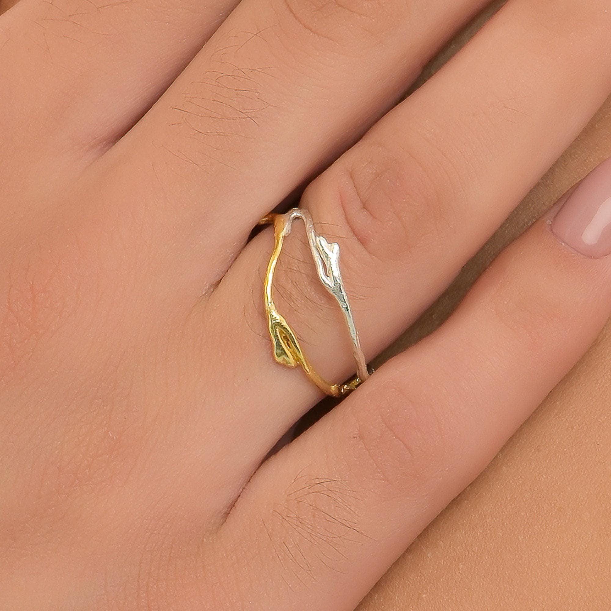 Real Jasmine Branch Ring, Handmade Minimalist Jewelry, Organic Forest Band, Gift for Purity & Health, Two-Tone Sterling Silver 925