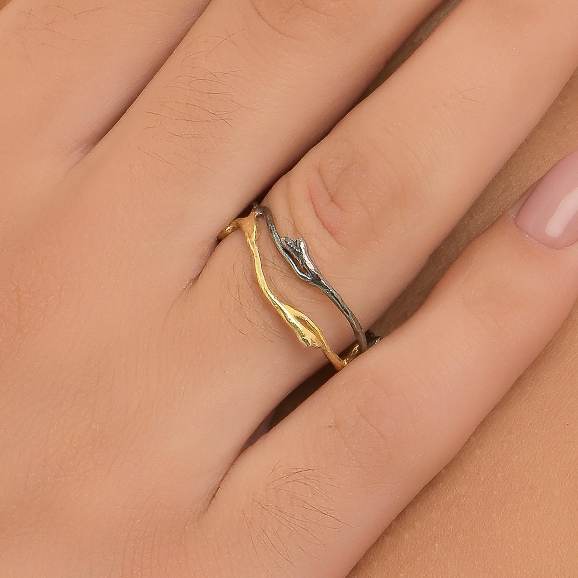 Real Jasmine Branch Ring, Handmade Minimalist Jewelry, Organic Forest Band, Gift for Purity & Health, Two-Tone Sterling Silver 925