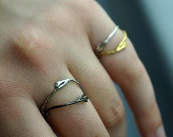 Real Jasmine Branch Ring, Handmade Minimalist Jewelry, Organic Forest Band, Gift for Purity & Health, Two-Tone Sterling Silver 925