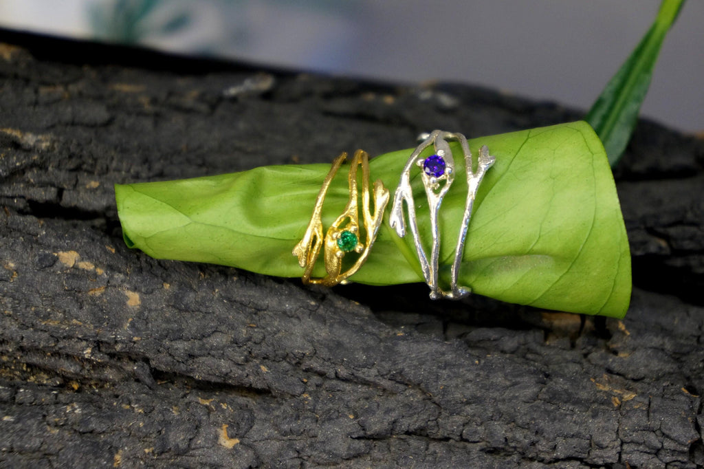 Thin Branches Ring Jasmine Twig Ring in Sterling Silver with Zircon Stone, Goldplated.