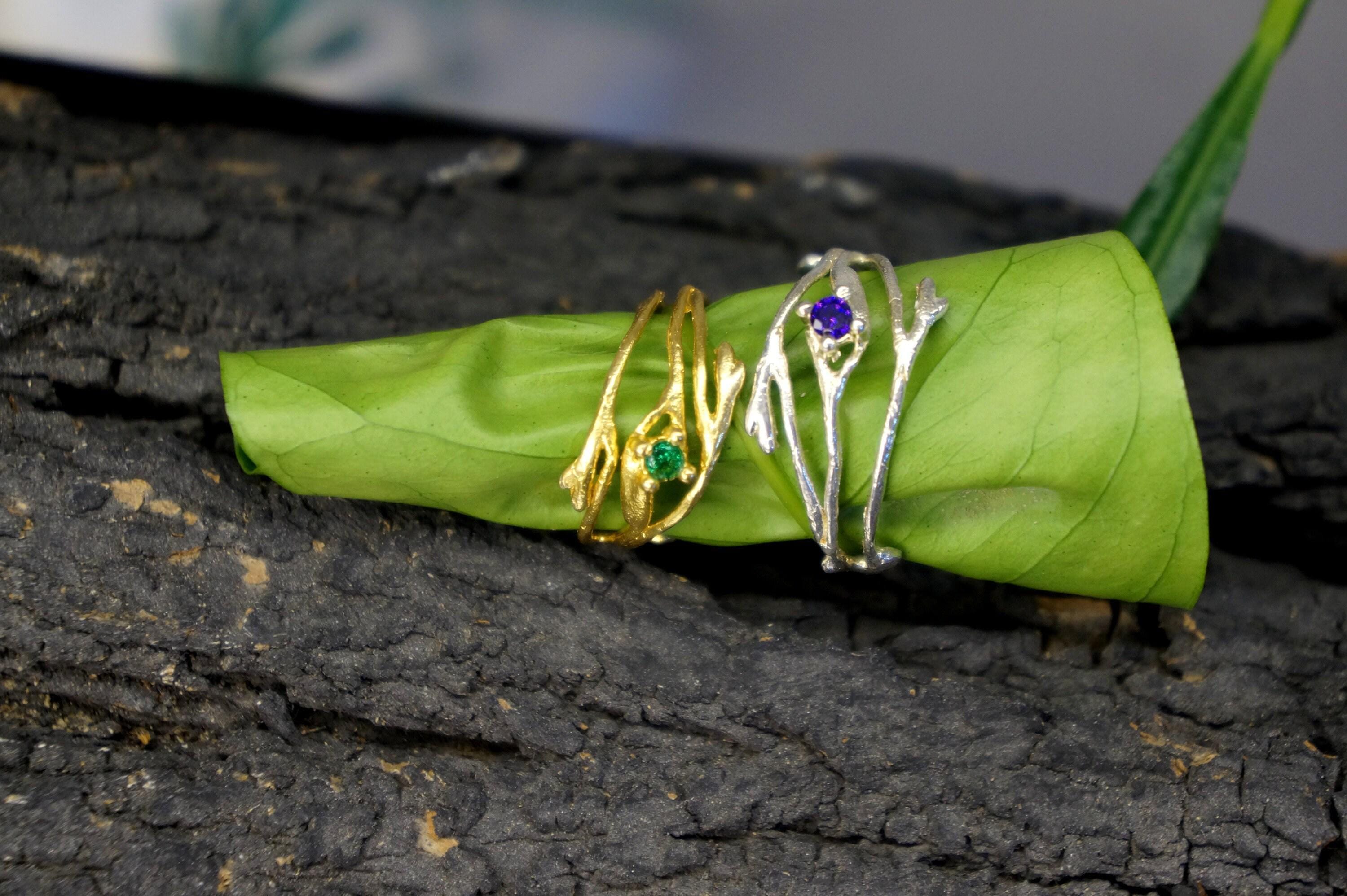 Thin Branches Ring Jasmine Twig Ring in Sterling Silver with Zircon Stone, Goldplated.