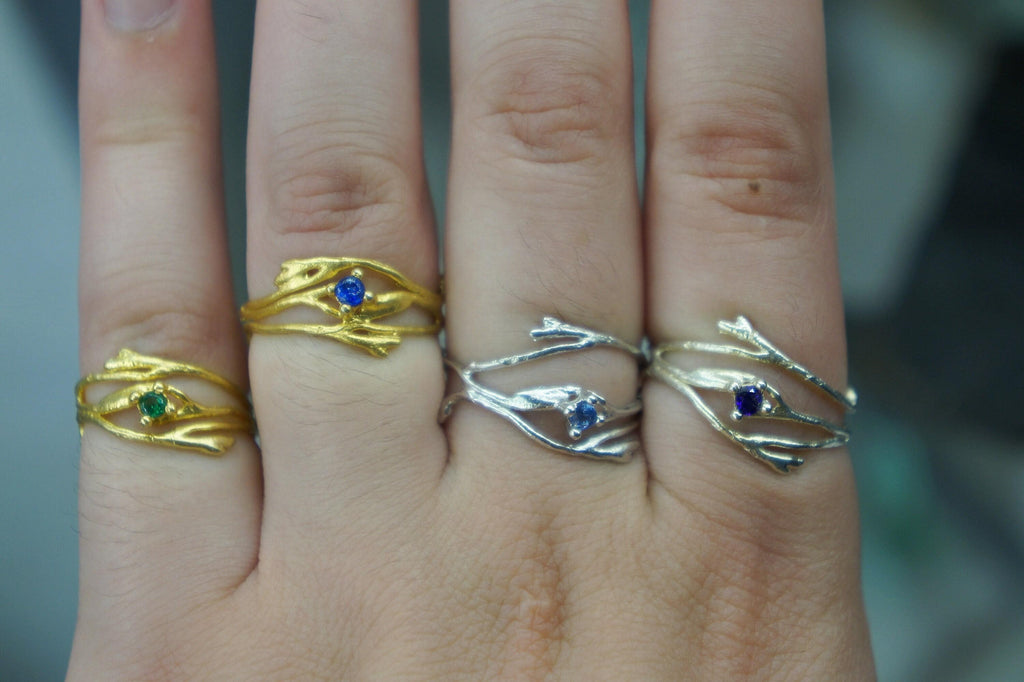 Thin Branches Ring Jasmine Twig Ring in Sterling Silver with Zircon Stone, Goldplated.