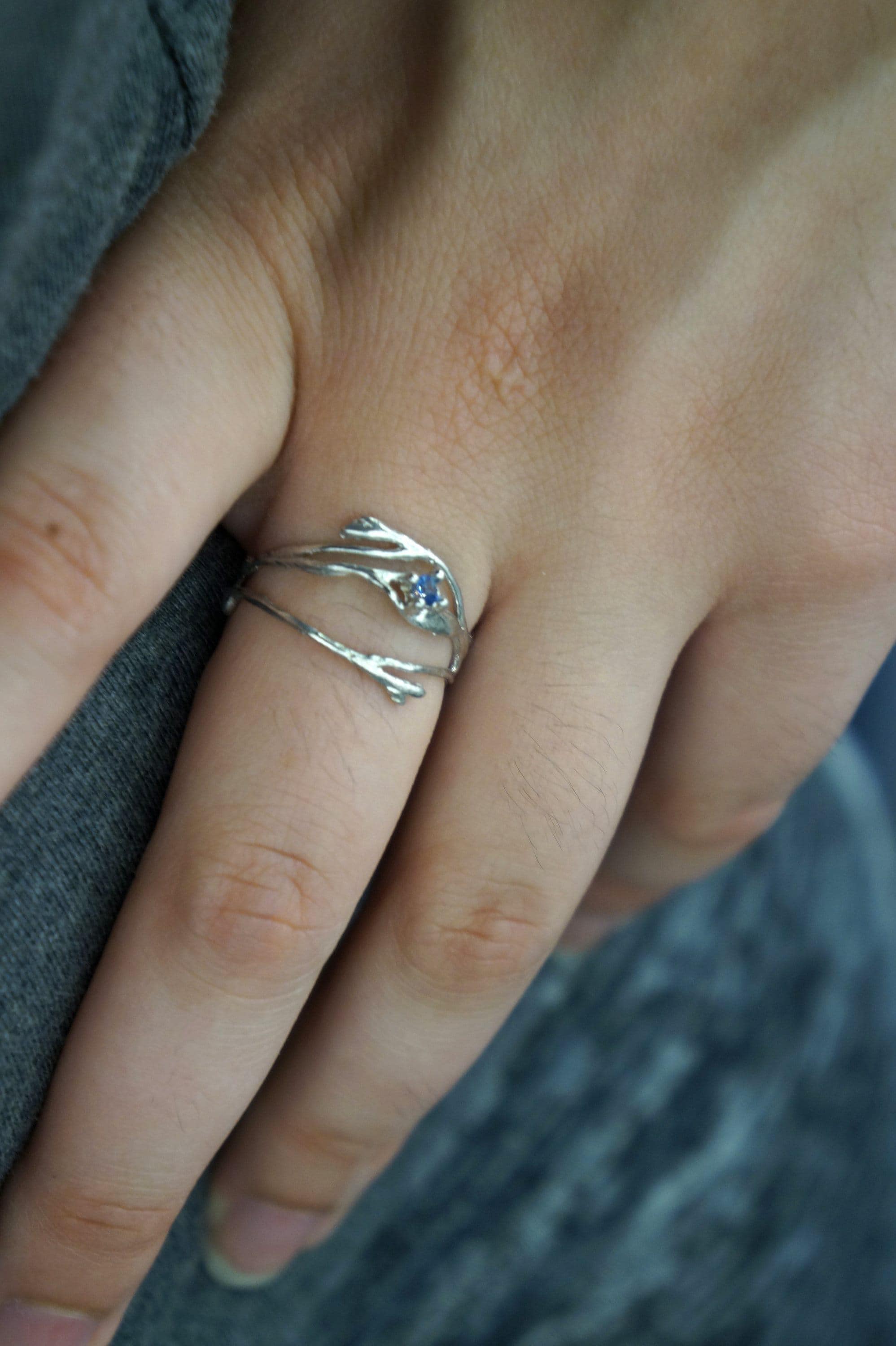 Thin Branches Ring Jasmine Twig Ring in Sterling Silver with Zircon Stone, Goldplated.
