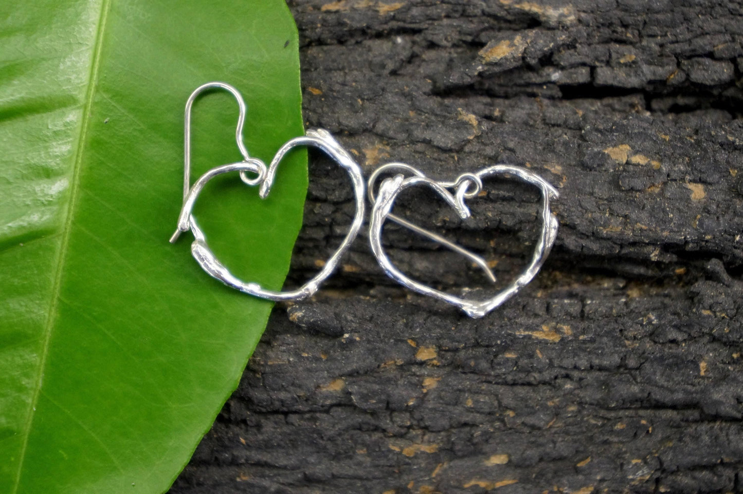 Heart Earrings for girls and women. Sterling silver jasmine plant Twig earrings .