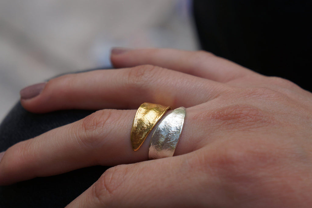 Real Olive Leaf Ring, Handmade Nature Jewelry, Organic Two-Tone Band, Gift for Success & Longevity, Gold and Sterling Silver 925
