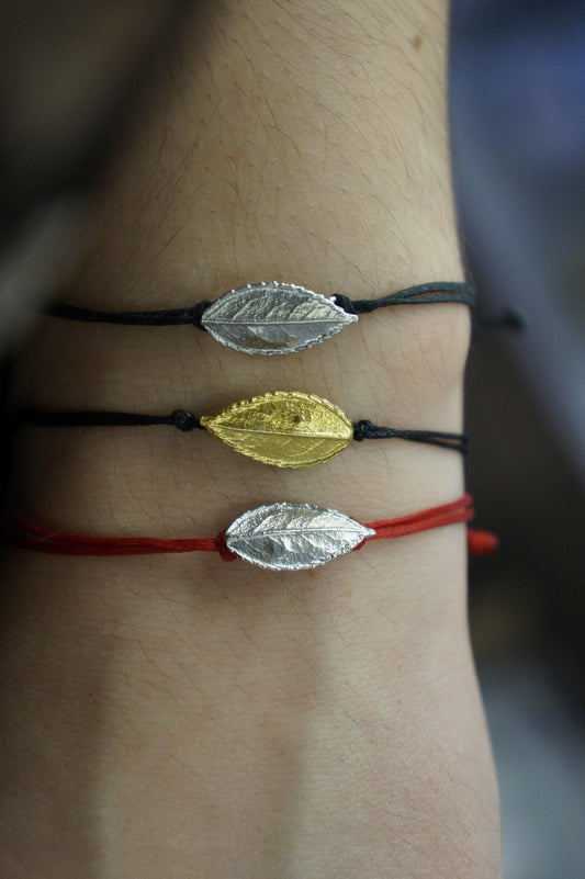 Rose Leaf Bracelet, Sterling Silver, wax cord bracelet.
