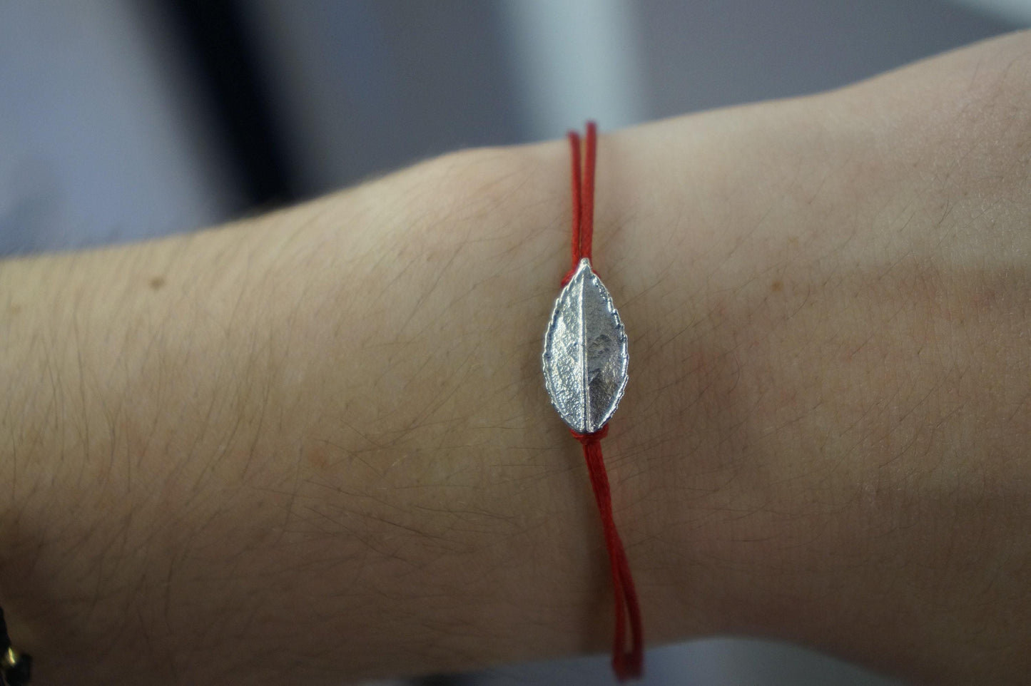 Rose Leaf Bracelet, Sterling Silver, wax cord bracelet.