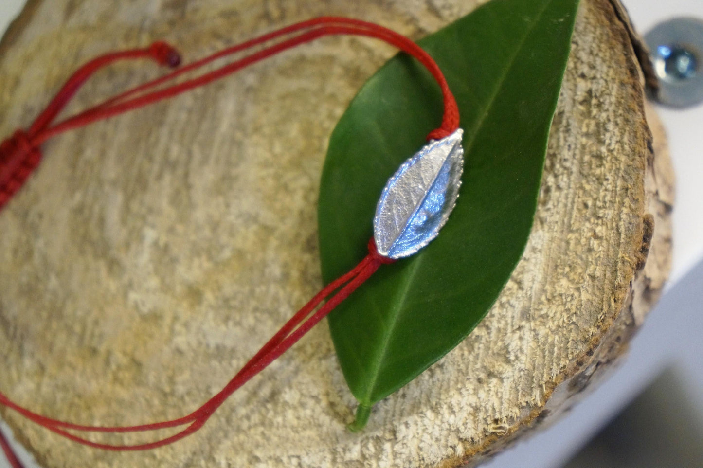 Rose Leaf Bracelet, Sterling Silver, wax cord bracelet.