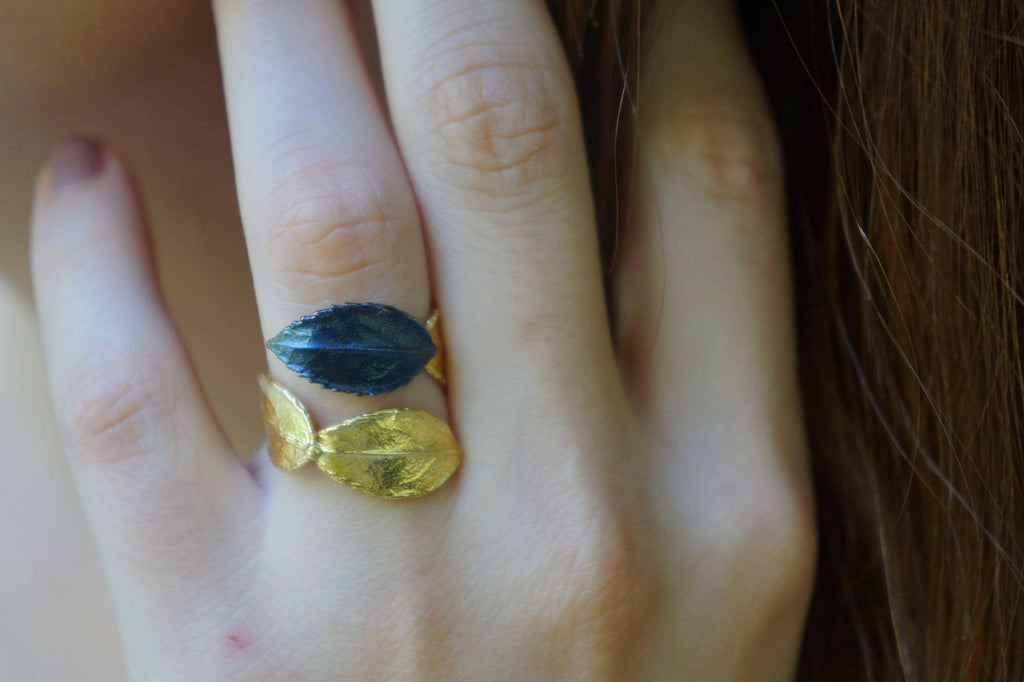 Real Rose Leaf Ring: Handmade Nature Jewelry in Gold and Black Recycled Brass