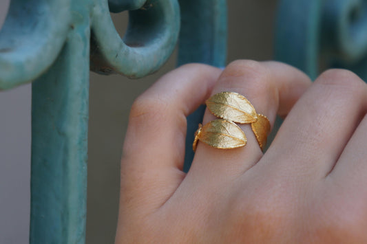 Rose Leaf Ring for Women - Handcrafted 14K Gold Plated Recycled Brass