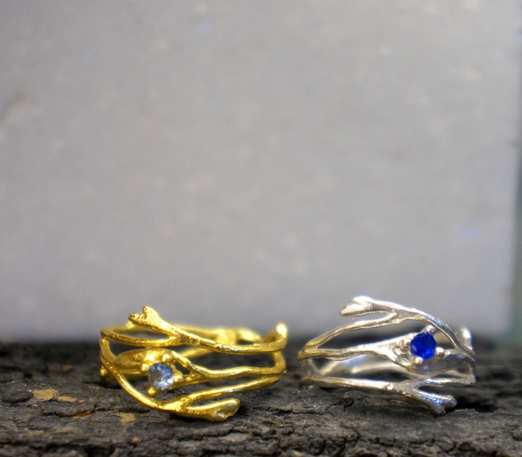 Thin Branches Ring Jasmine Twig Ring in Sterling Silver with Zircon Stone, Goldplated.