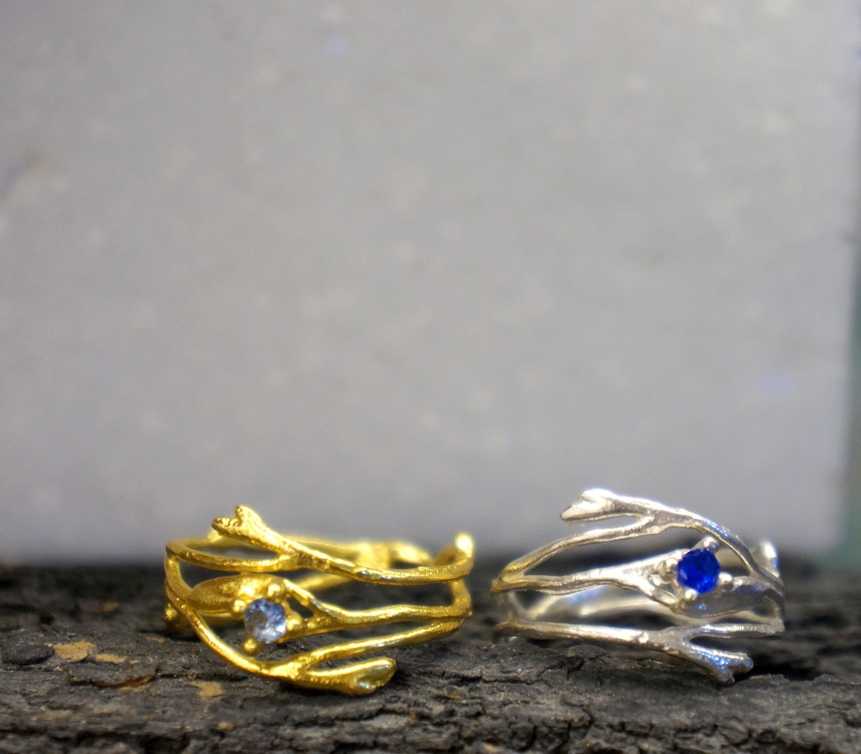 Thin Branches Ring Jasmine Twig Ring in Sterling Silver with Zircon Stone, Goldplated.