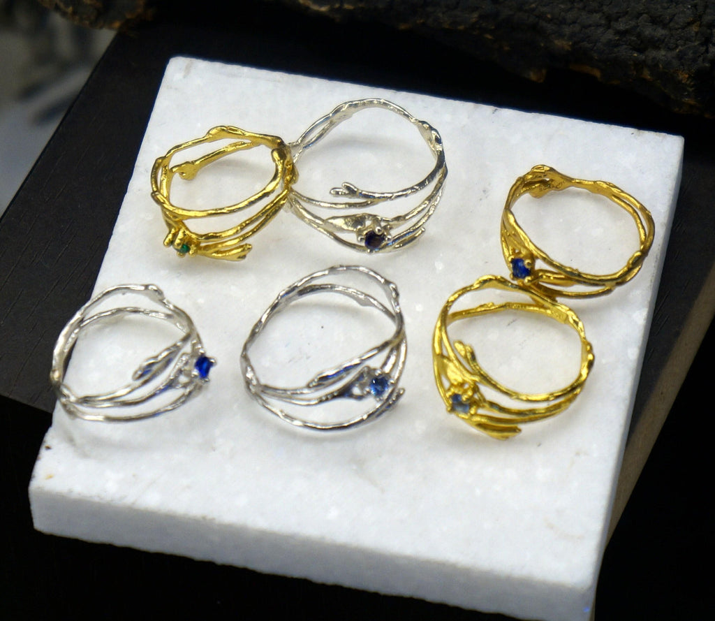 Thin Branches Ring Jasmine Twig Ring in Sterling Silver with Zircon Stone, Goldplated.