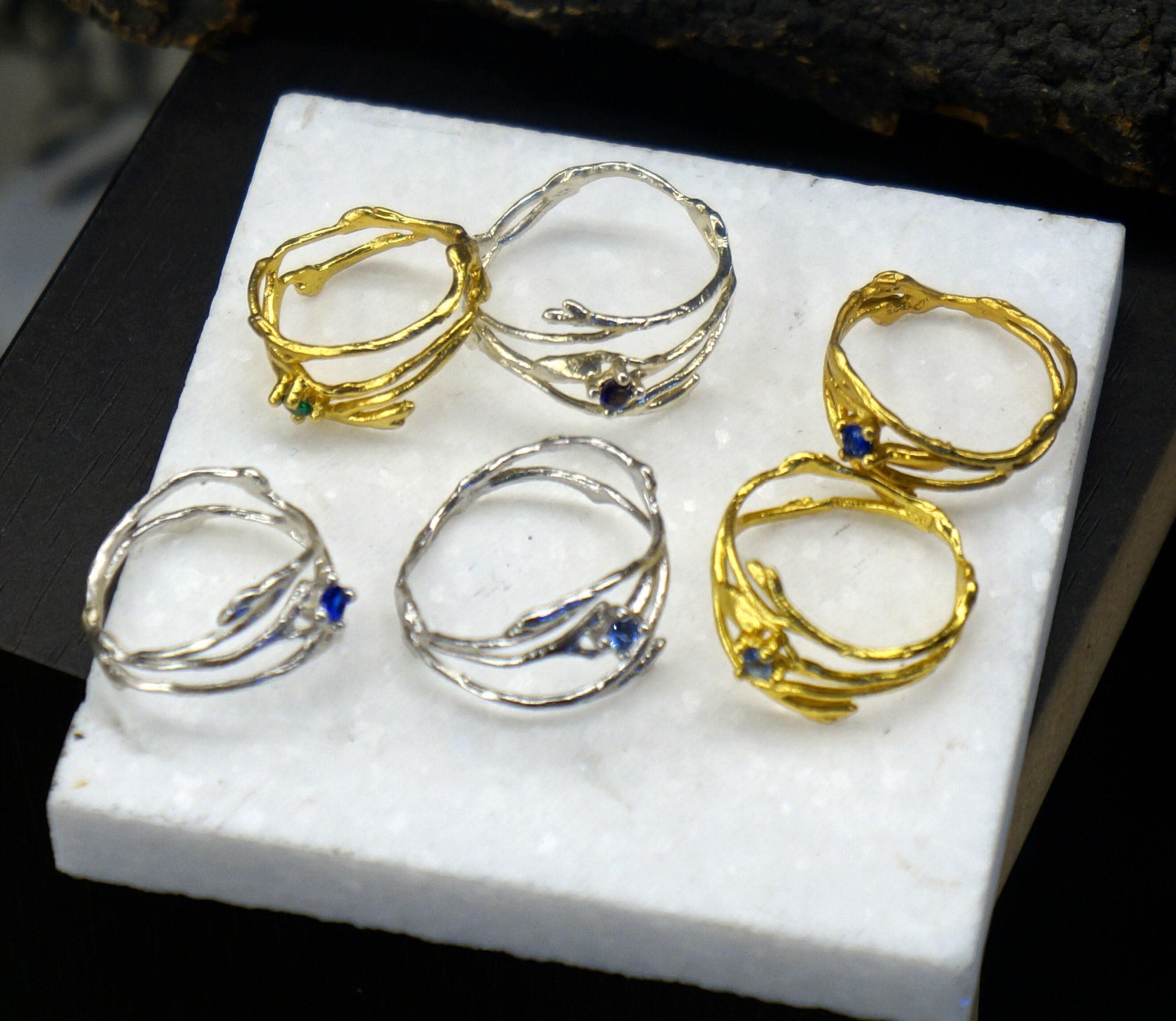 Thin Branches Ring Jasmine Twig Ring in Sterling Silver with Zircon Stone, Goldplated.