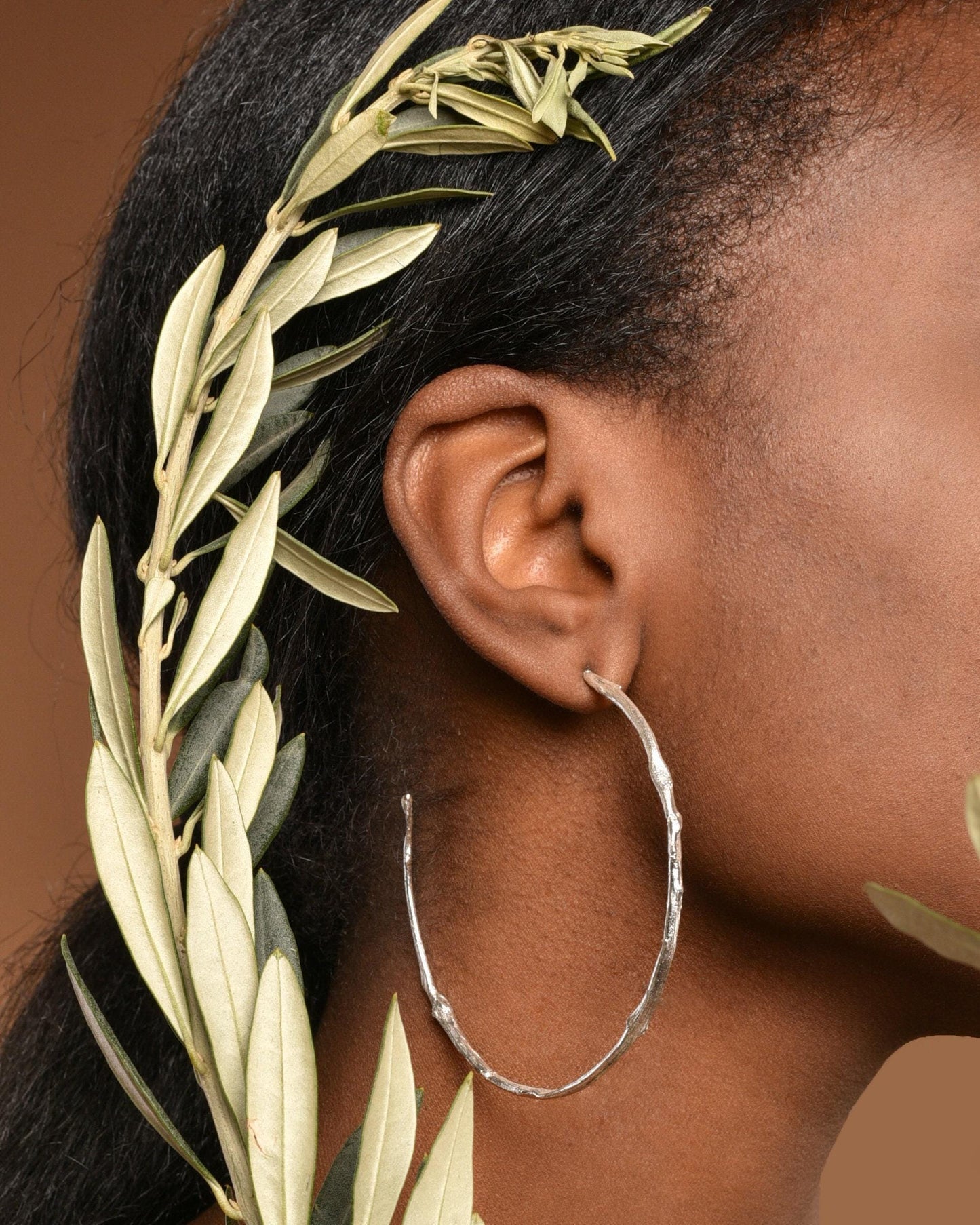 Real Olive Branch Earrings, Handmade Statement Jewelry, Organic Tree Hoops, Gift for Health & Longevity, Gold or Sterling Silver 925
