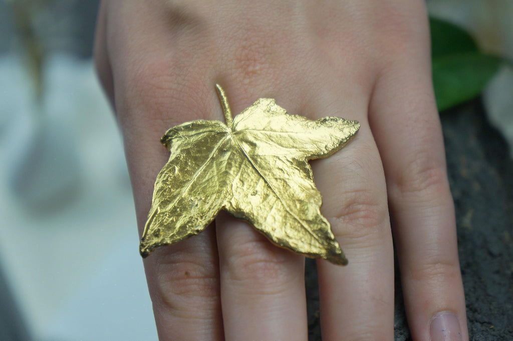 Real Ivy Leaf Gold Ring, Handmade Nature Jewelry, Organic Statement Band, Gift for Health & Luck, Eco Sustainable Sterling Silver 925