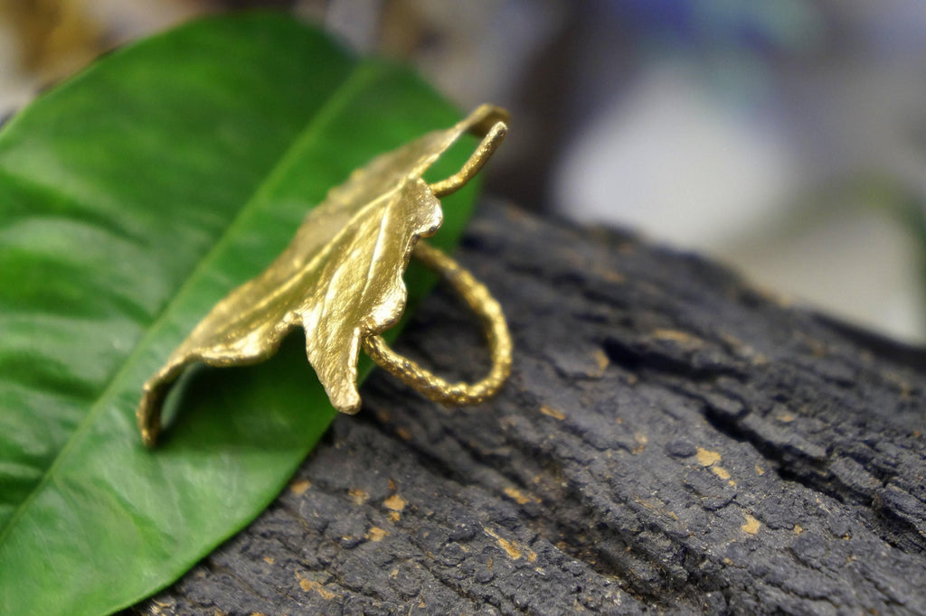 Real Ivy Leaf Gold Ring, Handmade Nature Jewelry, Organic Statement Band, Gift for Health & Luck, Eco Sustainable Sterling Silver 925