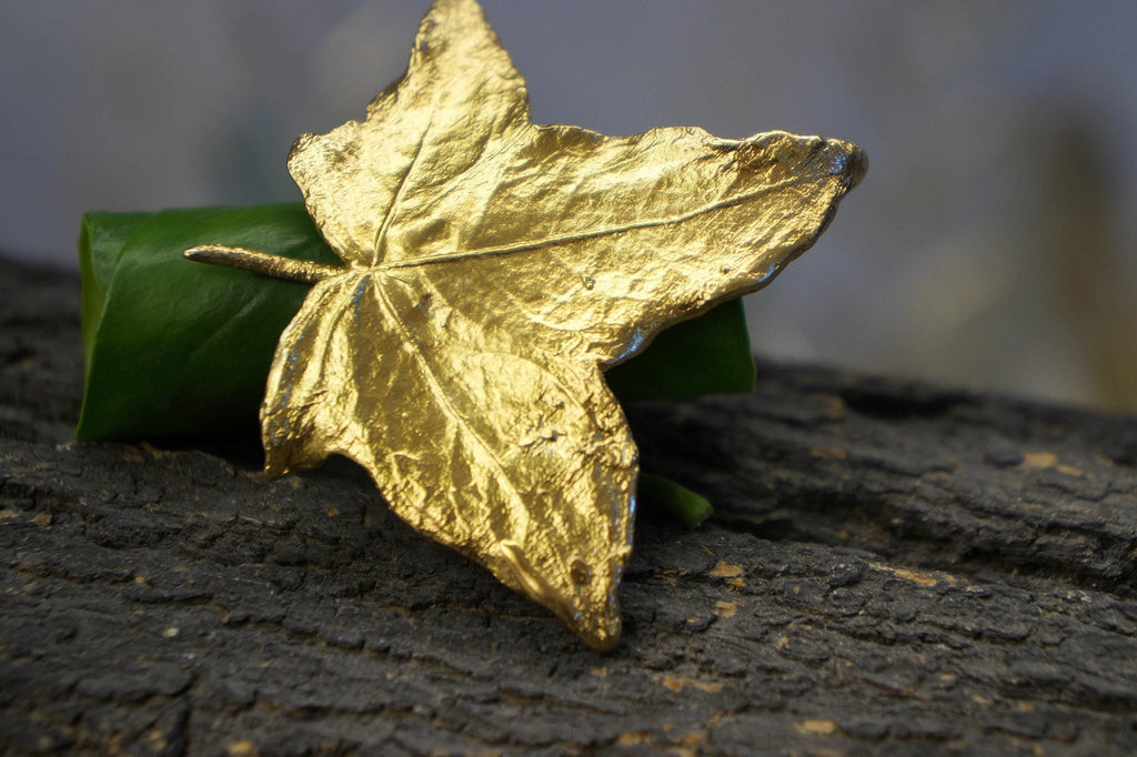 Real Ivy Leaf Gold Ring, Handmade Nature Jewelry, Organic Statement Band, Gift for Health & Luck, Eco Sustainable Sterling Silver 925