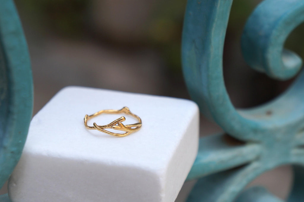 Real Jasmine Gold Ring, Handmade Minimalist Jewelry, Organic Forest Band, Nature's Gift for Fortune & Purity, Sterling Silver 925
