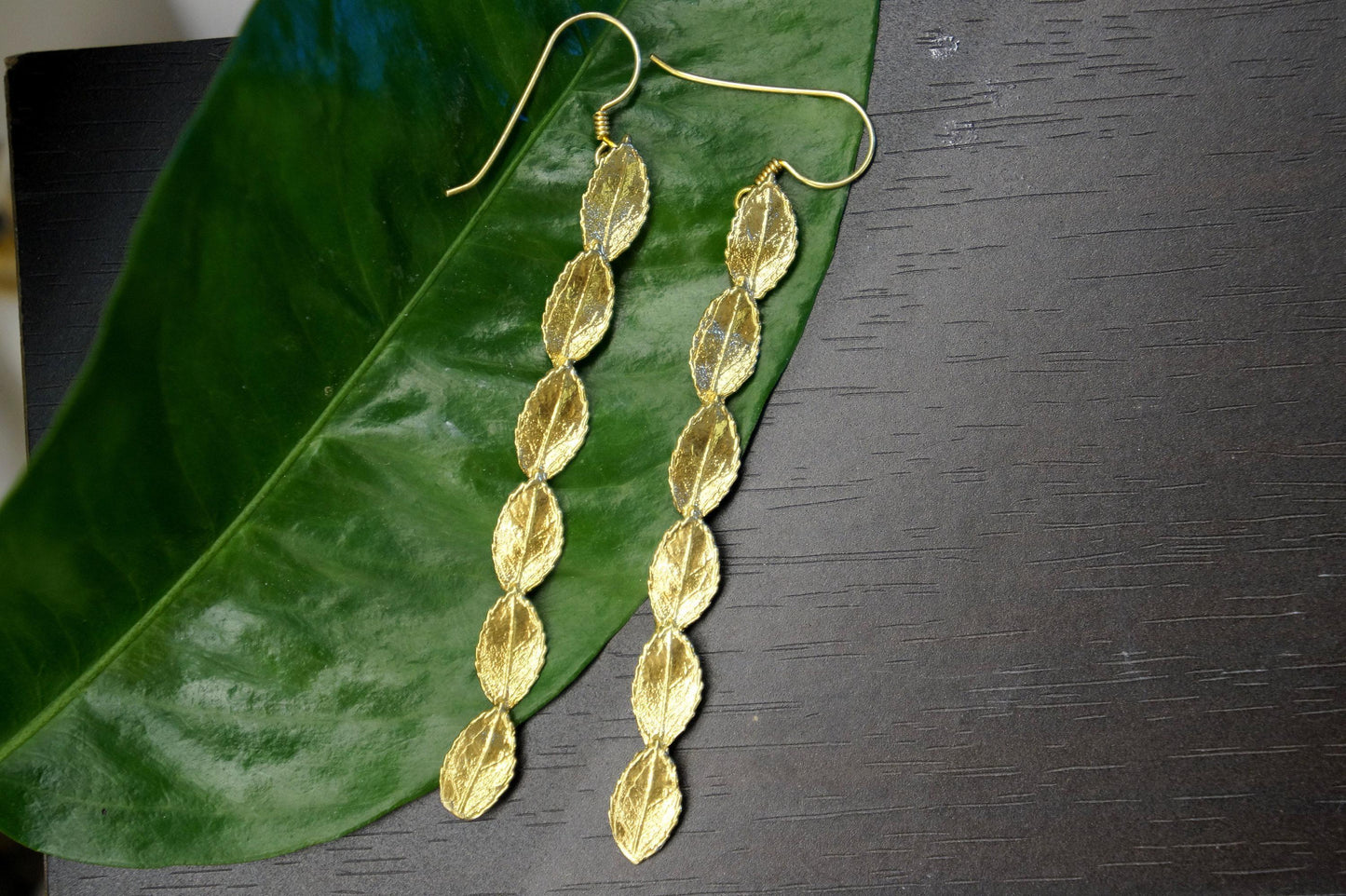 Real Rose Leaves Dangles, Handmade Statement Earrings, Gold Jewelry from Nature, Gift for Passion and Health, Sterling Silver 925
