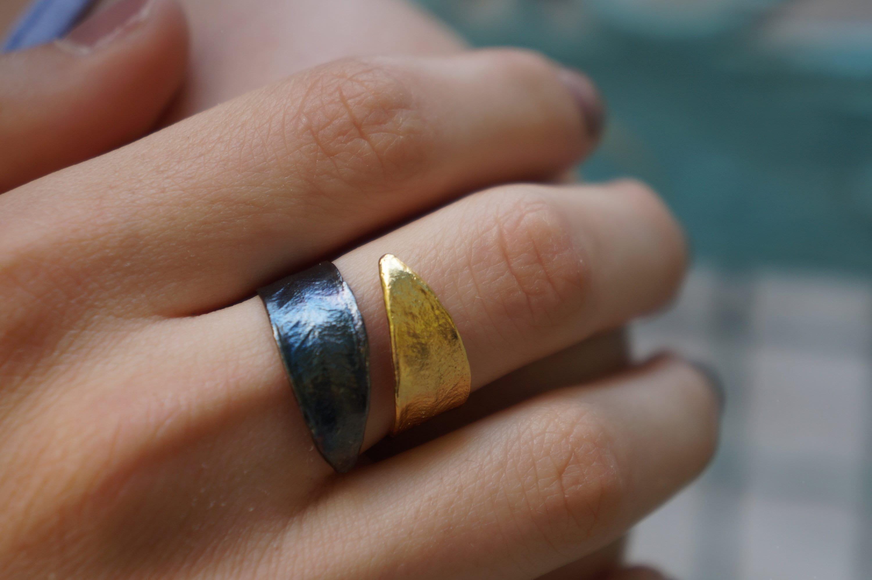 Real Olive Leaf Ring, Handmade Nature Jewelry, Organic Two-Tone Band, Gift for Success & Longevity, Gold and Sterling Silver 925