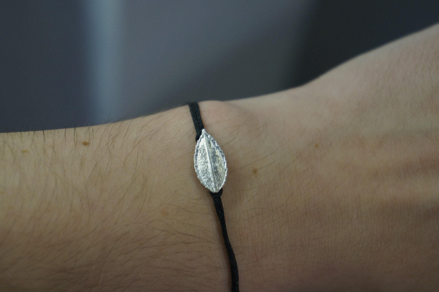 Rose Leaf Bracelet, Sterling Silver, wax cord bracelet.