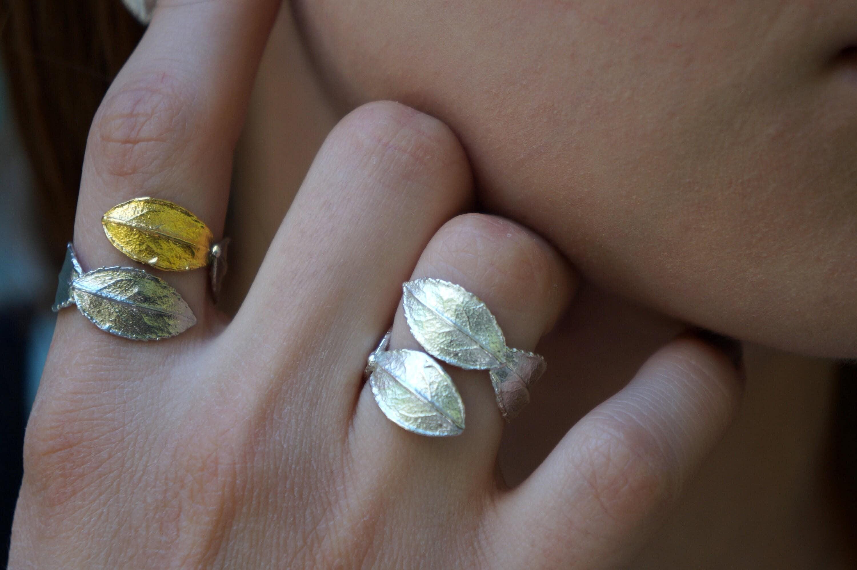 Real Rose Leaf Ring: Handmade Nature Jewelry in Gold and Black Recycled Brass