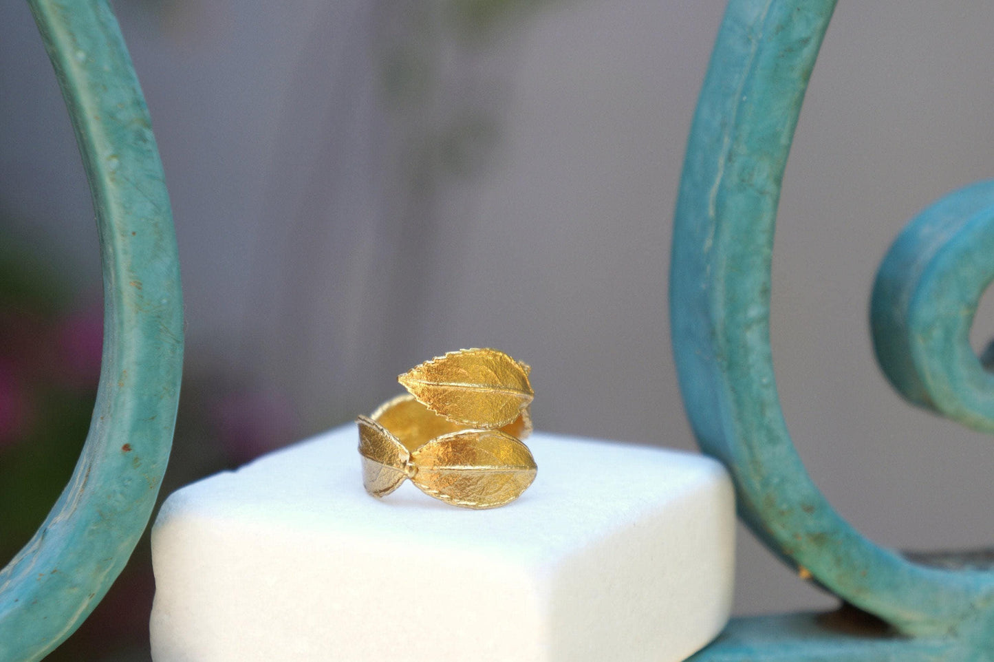 Rose Leaf Ring for Women - Handcrafted 14K Gold Plated Recycled Brass