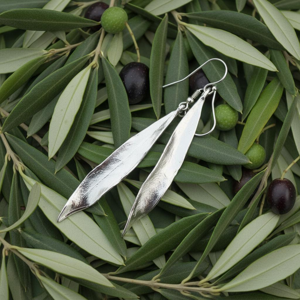 Nature-Inspired Olive Leaves Earrings, Long Dangle 925 Recycled Sterling silver.Symbolizes peace, protection and fertility
