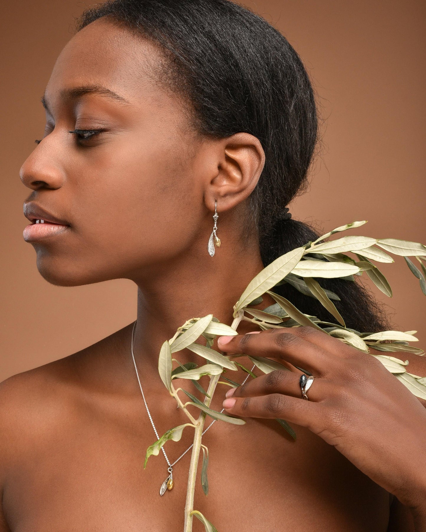 Olive Leaf Necklace, Handmade Minimalist Jewelry, Organic Tree Pendant, Gift for Success & Health, Two-Tone Gold and Sterling Silver 925