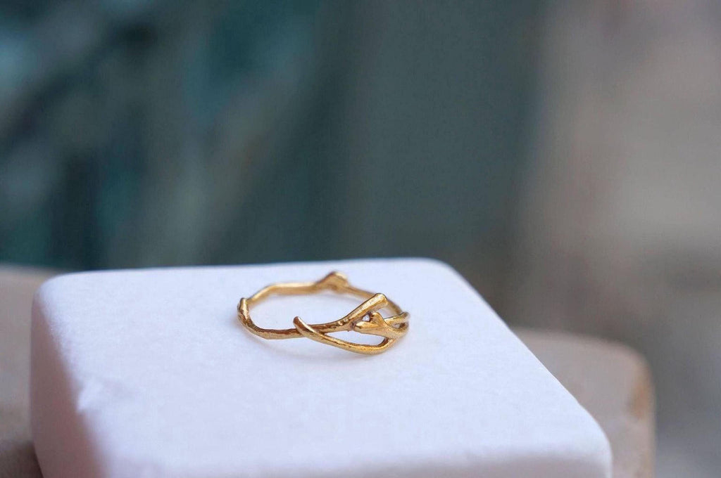 Solid Gold Jasmine Branch Ring, Handmade Minimalist Nature Jewelry, Dainty Organic Band, Gift for Purity & Health, Real Gold (9K, 14K, 18K)