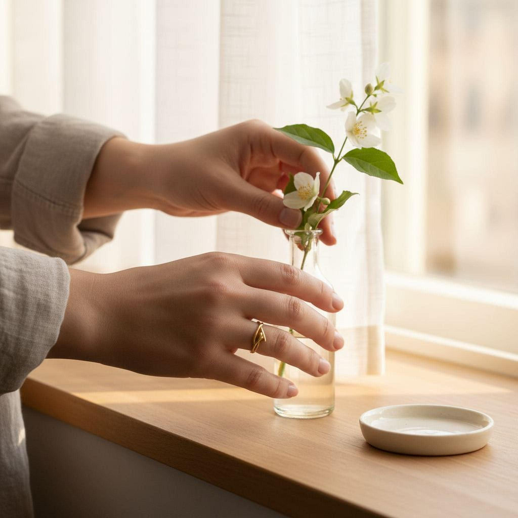 Solid Gold Jasmine Branch Ring, Handmade Minimalist Nature Jewelry, Dainty Organic Band, Gift for Purity & Health, Real Gold (9K, 14K, 18K)