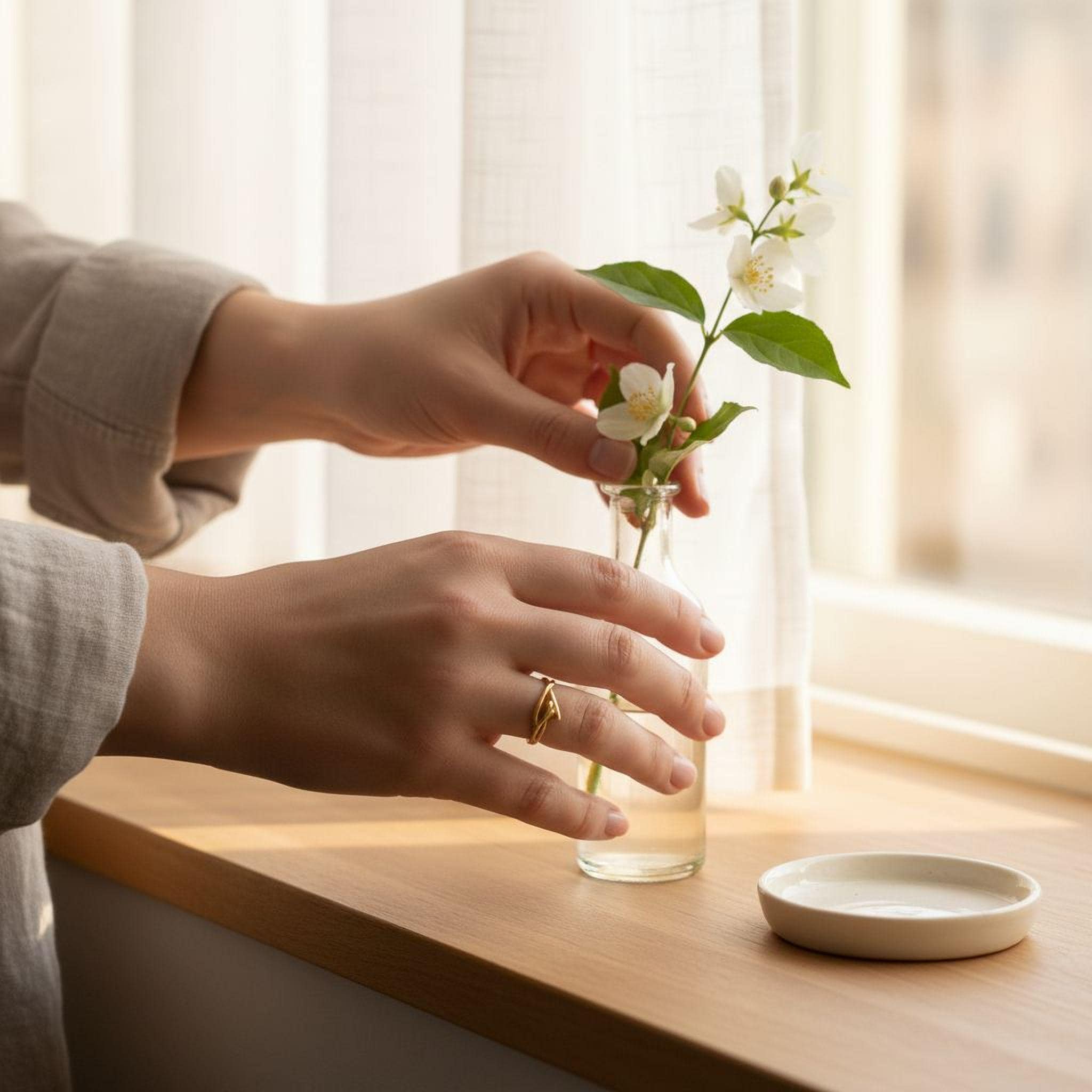 Solid Gold Jasmine Branch Ring, Handmade Minimalist Nature Jewelry, Dainty Organic Band, Gift for Purity & Health, Real Gold (9K, 14K, 18K)