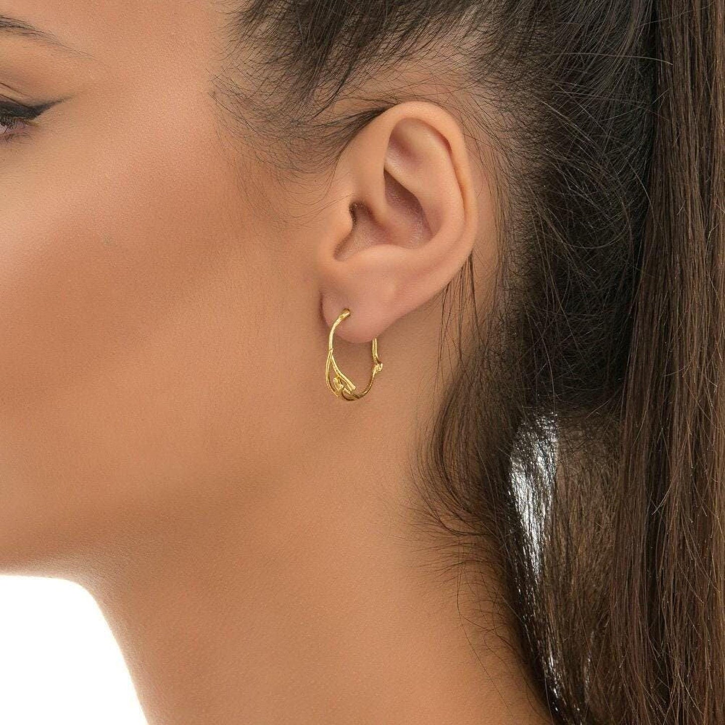 Solid Gold Jasmine Branch Earrings, Handmade Twig Jewelry, Organic Minimalist Hoops, Gift for Purity & Longevity, Real Gold (9K, 14K, 18K)