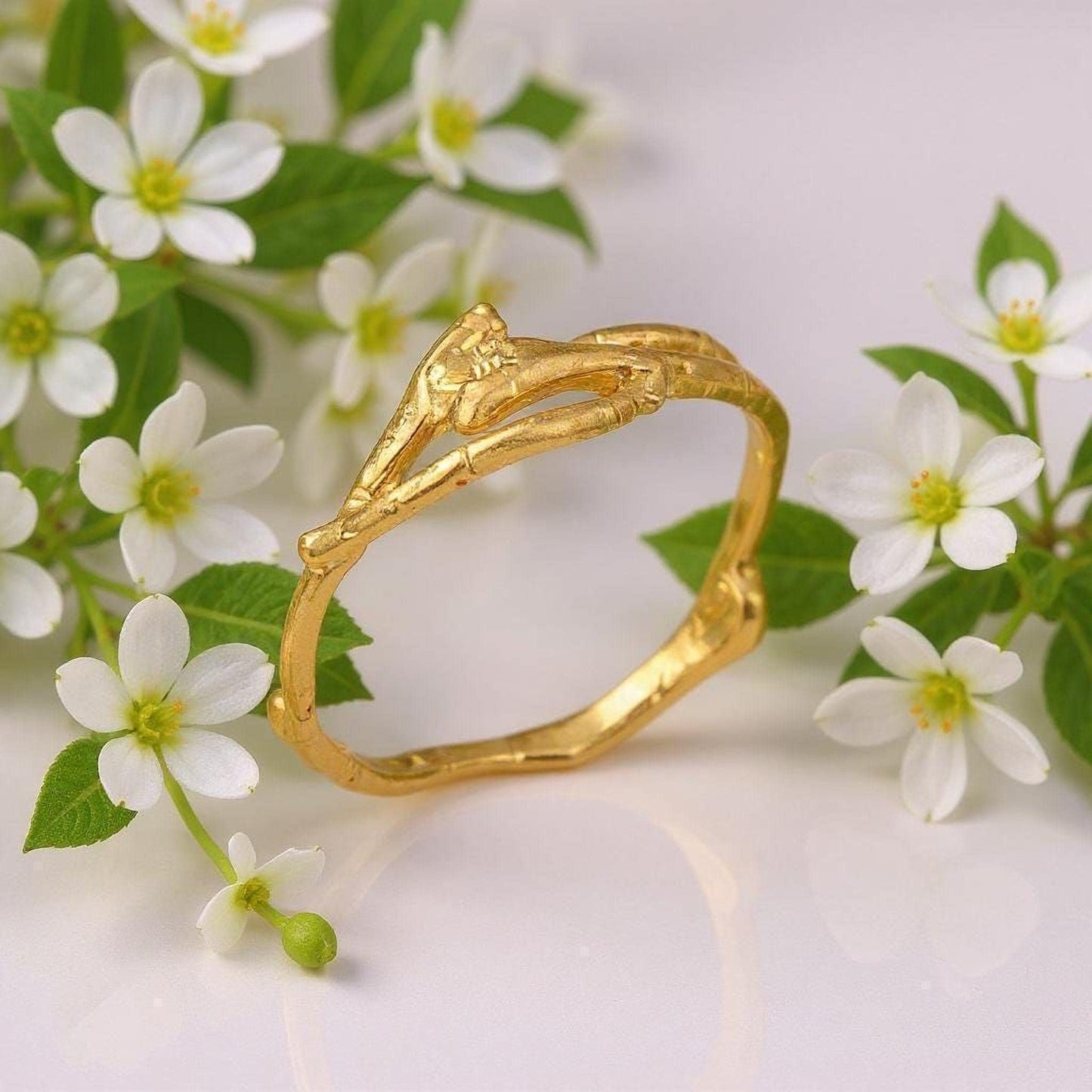 Real Jasmine Branch Gold Ring, Handmade Minimalist Nature Jewelry, Organic Forest Twig Band, Gift for Purity, Sterling Silver 925