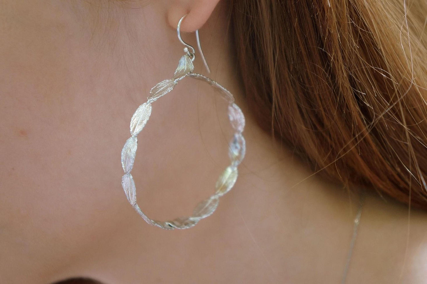 Silver Rose Leaves Earrings, Handmade Minimalist Jewelry, Botanical Dangle Hoops, Gift for Luck & Love, Eco Sustainable Sterling Silver 925