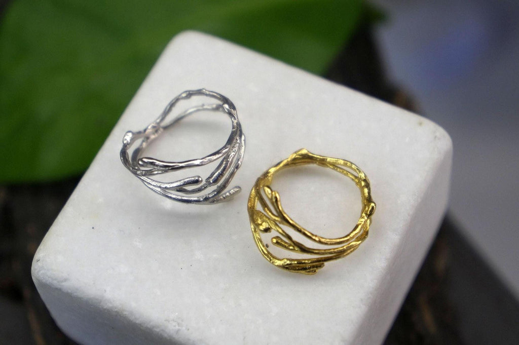 Real Jasmine Branch Gold Ring, Handmade Minimalist Jewelry, Organic Nature Band, Gift for Health & Purity, Sterling Silver 925