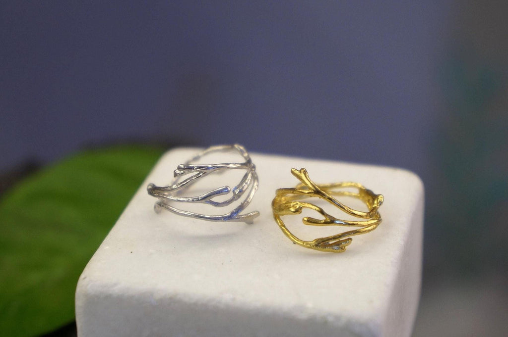 Real Jasmine Branch Gold Ring, Handmade Minimalist Jewelry, Organic Nature Band, Gift for Health & Purity, Sterling Silver 925