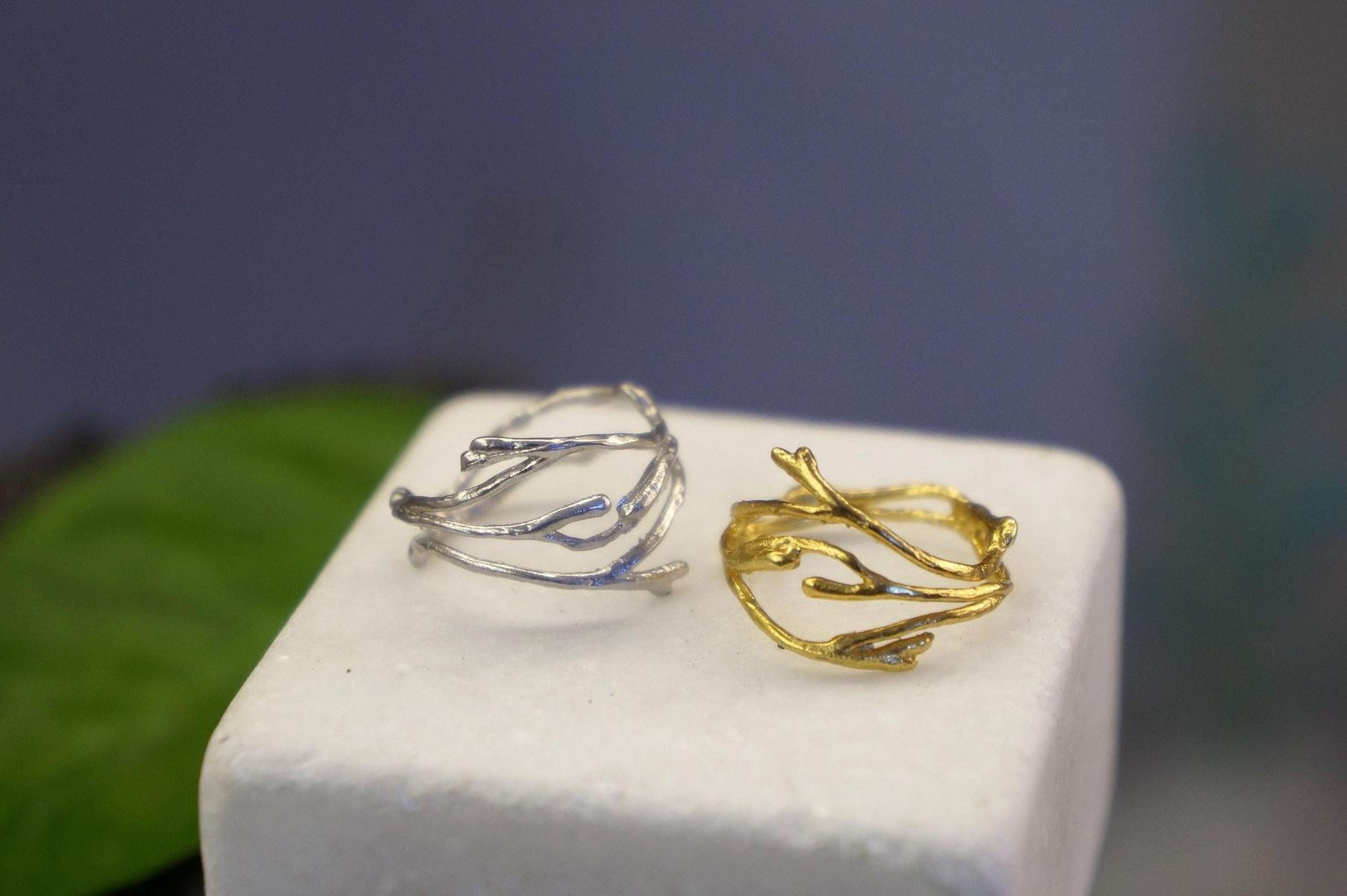 Real Jasmine Branch Gold Ring, Handmade Minimalist Jewelry, Organic Nature Band, Gift for Health & Purity, Sterling Silver 925